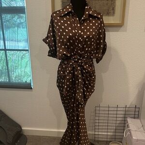 Elegant Satin Brown Polka Dot Midi Dress